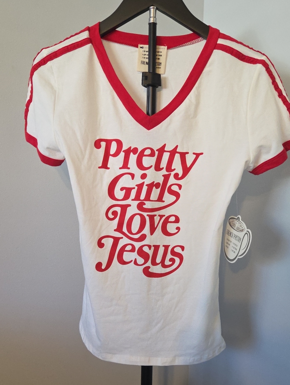 French Pastry Pretty Girls Love Jesus Ringer Tee White & Red Large